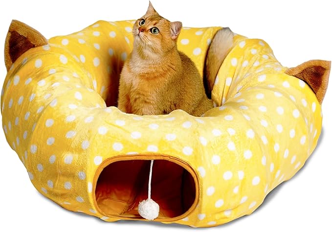 AUOON Cute Cat Donut Tunnel - Round Cat Tunnel Bed with Washable Cushion Interactive Cat Toy for Indoor Cats Kitten Kitty Puppy Rabbit Ferret (Yellow)-PawvioPets