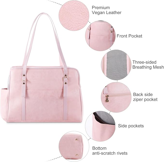 Dog Carrier Purse, Fashion Leather Pet Carrier with Pockets, Airline Approved Soft Sided Dog Carrying Bag for Puppy Cat Dog Pink-PawvioPets