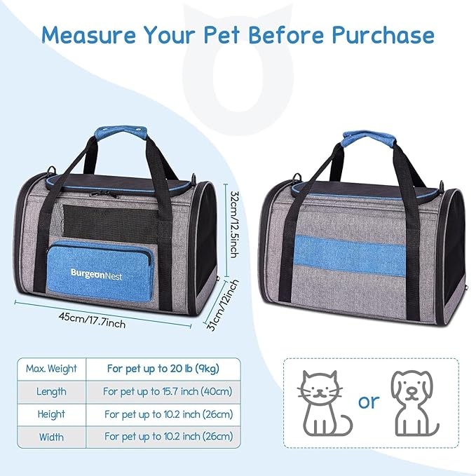 BurgeonNest Cat Carrier for Large Cats 20 lbs,Medium Pet Under 25 lbs,2 Puppy and Small Dogs with Unique Side Bag,Top Load Pet Carrier Soft-Sided Escape Proof with 4 Ventilated Windows-PawvioPets