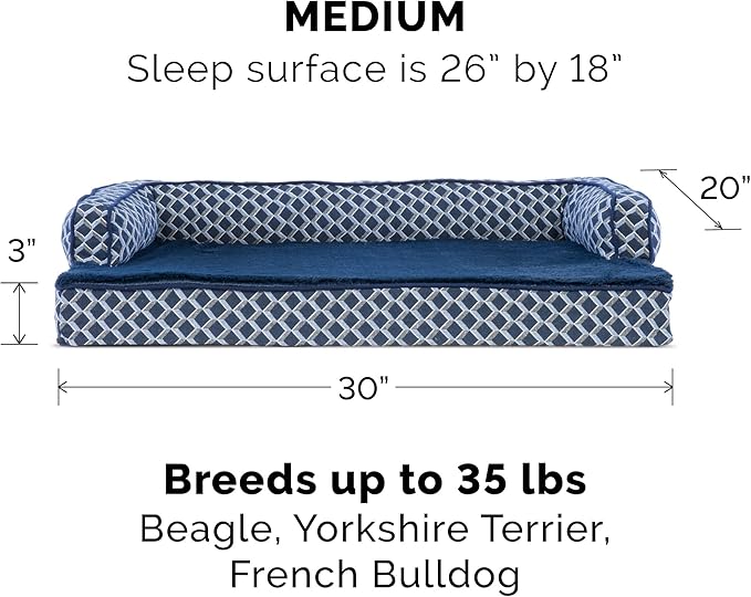 Furhaven Memory Foam Dog Bed for Medium/Small Dogs w/ Removable Bolsters & Washable Cover, For Dogs Up to 35 lbs - Plush & Woven Decor Comfy Couch Sofa - Diamond Blue, Medium-PawvioPets