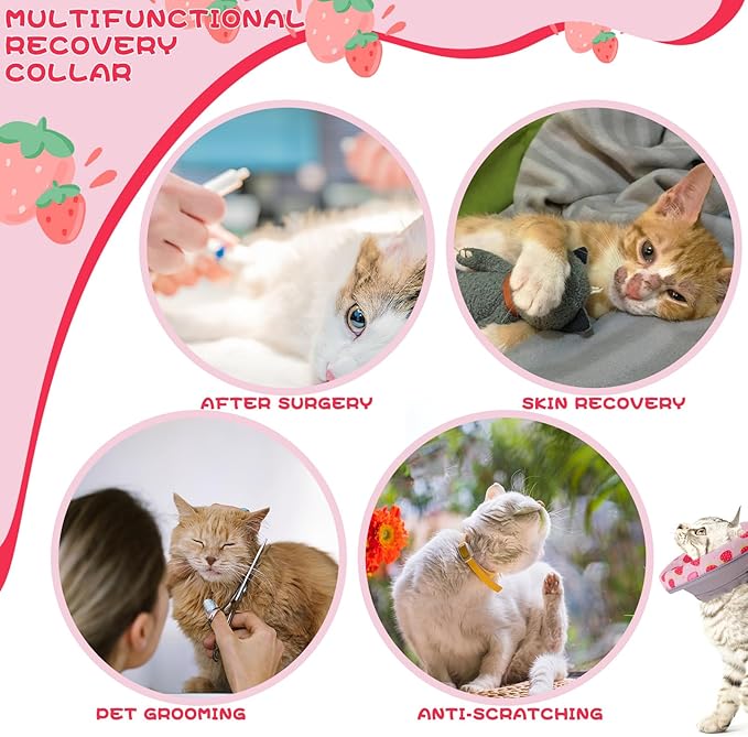 EXPAWLORER Cat Recovery Cone Collar- Soft Adjustable Pet Collar for After Surgery, Waterproof Elizabethan Protective Collar, Stop Licking Donut for Small Medium Kittens (Strawberries M (8.5-12 in))-PawvioPets