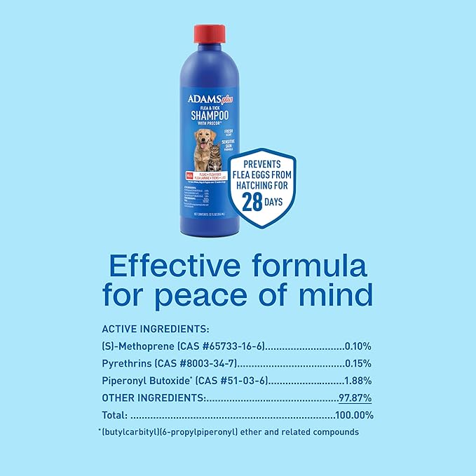 Adams Plus Flea & Tick Shampoo with Precor for Cats, Kittens, Dogs & Puppies Over 12 Weeks Of Age Sensitive Skin Flea Treatment | Kills Adult Fleas, Flea Eggs, Ticks, and Lice| 12 Ounces-PawvioPets