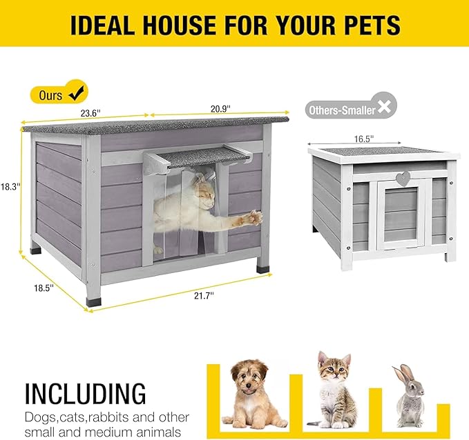 Aivituvin Cat House Waterproof Feral Kitty Shelter Outdoor Indoor Rabbit Hutch for Bunnies,Cats,Dogs and Other Small Animals,Asphalt Roof-PawvioPets