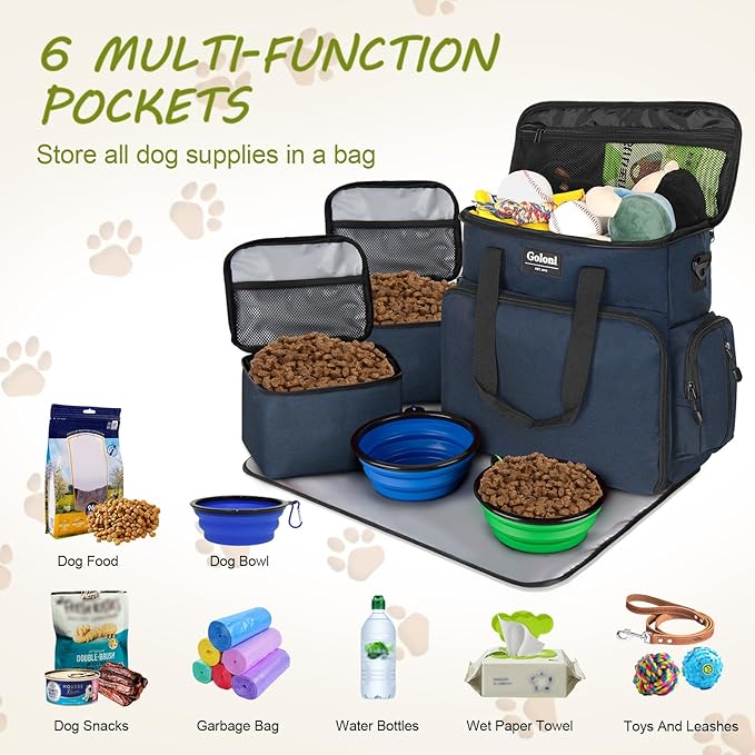 Dog Travel Bag Airline Approved–Pet Travel Tote with Collapsible Bowls,Food Containers & Feeding Mat–Multi-Pocket Organizer for Dogs & Cats, Durable & Water-Resistant for Hiking,Trips,Outdoors-PawvioPets
