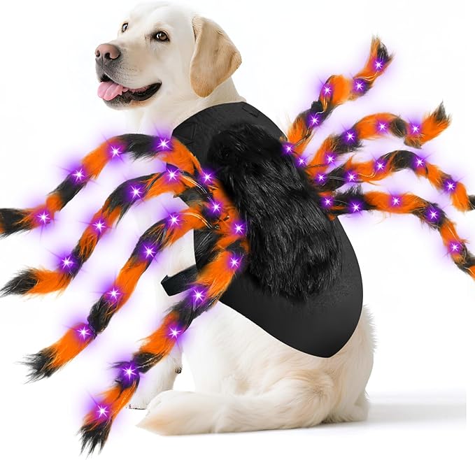 Camlinbo 24 LED Spider Dog Halloween Costume for Small Medium Large Dogs, Furry Spider with LED Lights Puppy Pet Costume Outfits Clothes Funny Halloween Costume Party Cosplay-PawvioPets