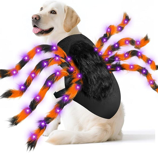 Camlinbo 24 LED Spider Dog Halloween Costume for Small Medium Large Dogs, Furry Spider with LED Lights Puppy Pet Costume Outfits Clothes Funny Halloween Costume Party Cosplay-PawvioPets