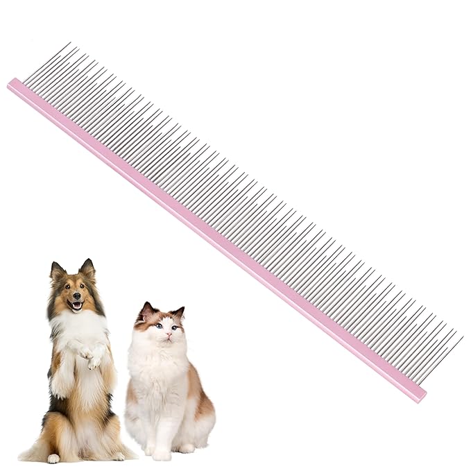 8.5 Inch Upgrade Pink Professional Pet Comb,Dual-Tooth Grooming Comb Anti-Static Smooth Rounded Corners Prevent Friction Breakage and Irritation,Long-Haired Cats and Dog Essential,Christmas Pet Gift-PawvioPets
