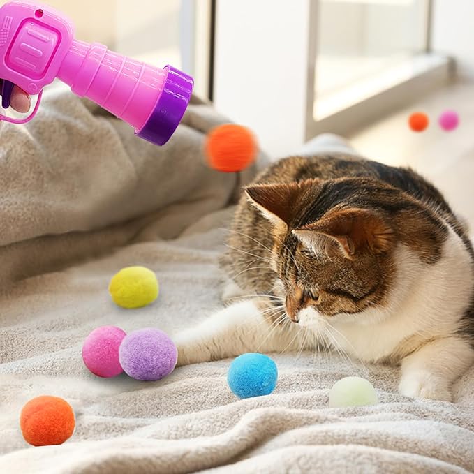 Andiker Plush Pom Pom Balls Set - Interactive Cat Toy (30pcs - Pink: 100balls, Launcher Set)-PawvioPets