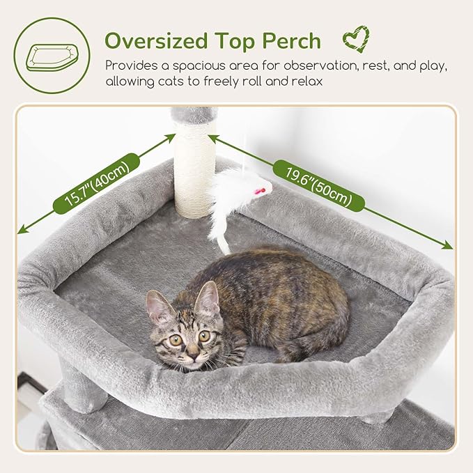 Globlazer Large Cat Tree Tower, Tall Cat Tree Condos for Indoor Cats Large Adult Cat Climbing Tower with 2 Spacious Caves, Oversized Top Perch, Big Hanging Basket, Cat Teaser Wand, F74B, Light Grey-PawvioPets