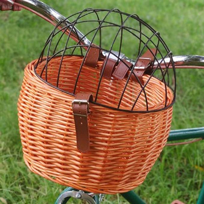 Bike Pet Basket, Wicker Bike Basket for Small Dogs Cats Pet Carrier Front Basket with Wire Mesh Cover and Lid, Wicker Basket for Dogs and Cats, Rattan Storage Basket, 11.81 * 9.84 inch (A)-PawvioPets