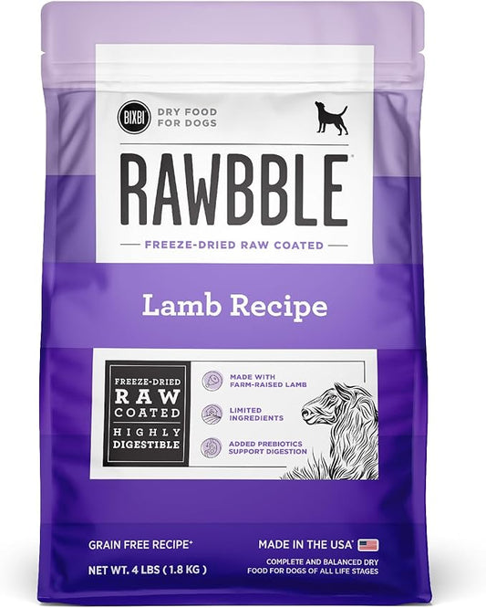 BIXBI Rawbble Dry Dog Food, Lamb, 4 lbs - USA Made with Fresh Meat - No Meat Meal & No Corn, Soy or Wheat - Freeze Dried Raw Coated Dog Food - Minimally Processed for Superior Digestibility-PawvioPets