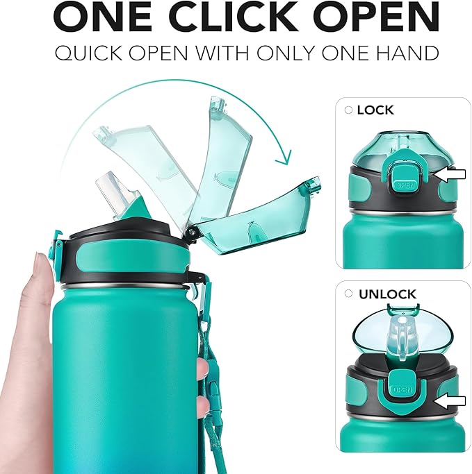 Enerbone 32 oz Insulated Water Bottle, Stainless Steel Bottle with Carrying Strap, Double-Wall Vacuum Insulation Design, Leakproof Sports Bottle with Straw, Keep Drinks Cold or Hot for Hours-PawvioPets