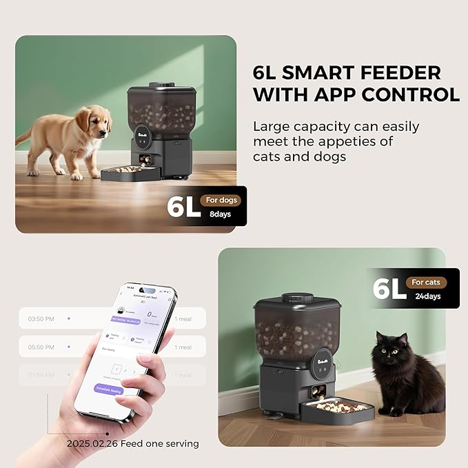 Automatic 6L Cat and Dog Feeder - Pet Feeder with WiFi and Smart Control via App - for Cats and Small Dogs, Auto Timed Food, Stainless Steel Bowl, Dual Powered, 12-Day Battery Life After Power Off-PawvioPets