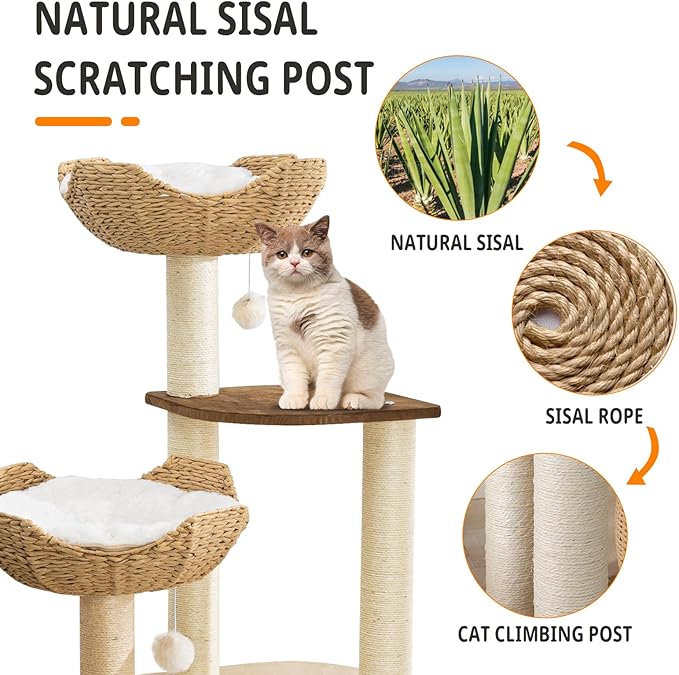 Big Modern Design Cat Tree Tower with White Cloud Mat, Unique Cat Supplies Tower with Scratching Post, Cute Wood Cat Tree Cat Furniture Activity Centre for Indoor Big Cats-PawvioPets