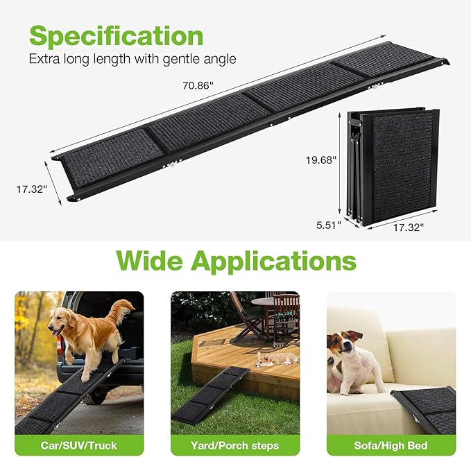 FAHKNS Dog Ramp for Car, 71" x 17" Extra Long Wide Folding Pet Ramp, Non-Slip Rug Surface, Aluminum, Black, Up to 300 LBS-PawvioPets