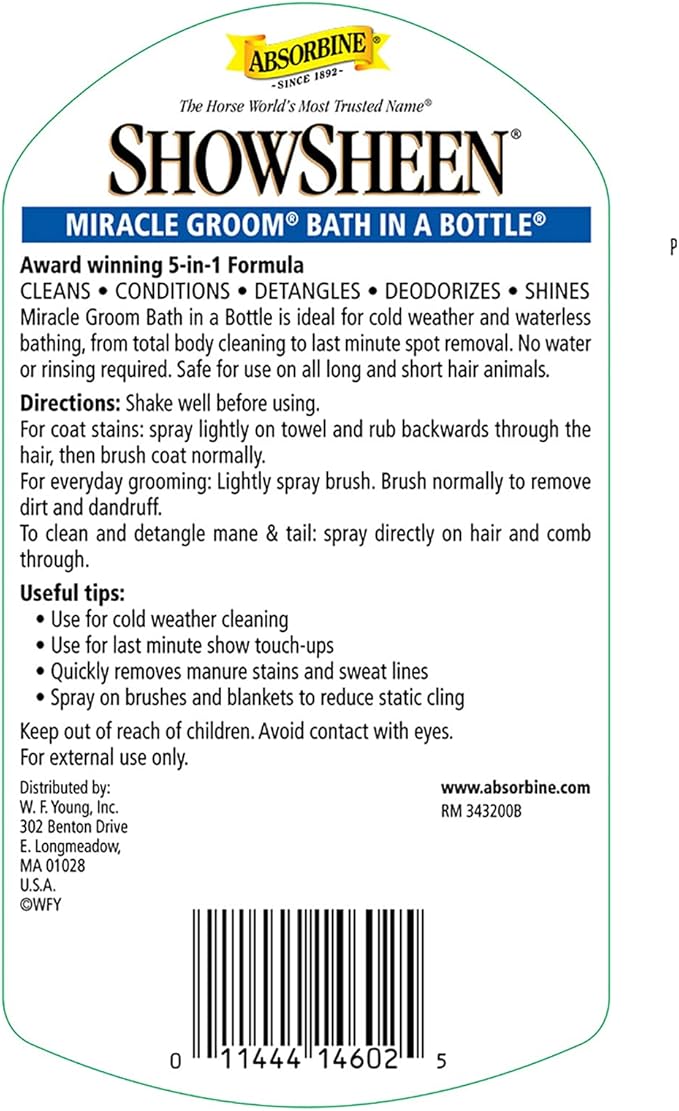 Absorbine ShowSheen Miracle Groom Waterless Shampoo, 5-in-1 Formula for Coat, Mane & Tail, 32oz-PawvioPets