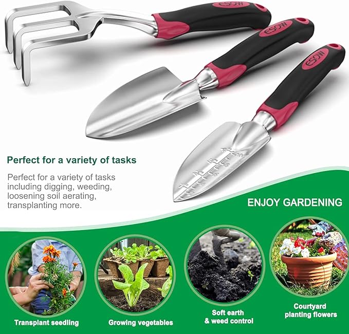 ESOW Garden Tool Set with Non-Slip Rubber Handle, 3 Piece Cast-Aluminum Heavy Duty Gardening Kit Includes Hand Trowel, Transplant Trowel and Cultivator Hand Rake, Red-PawvioPets