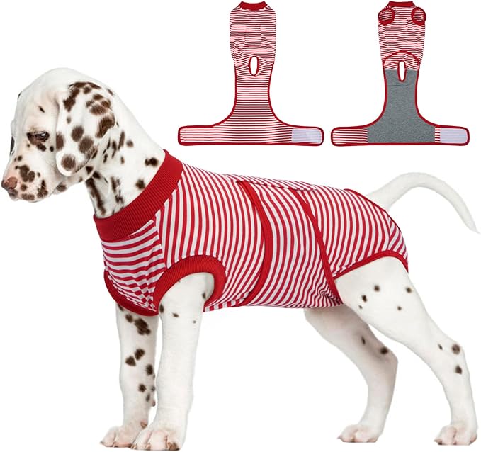FUAMEY Dog Recovery Suit Male,Dogs Surgery Neuter Suits Puppy Spay Shirts for Female Protect Dog's Skin Anti Licking Abdominal Wounds Doggie Onesie Pet Bodysuit Alternative to Cone Red Stripes XS-PawvioPets