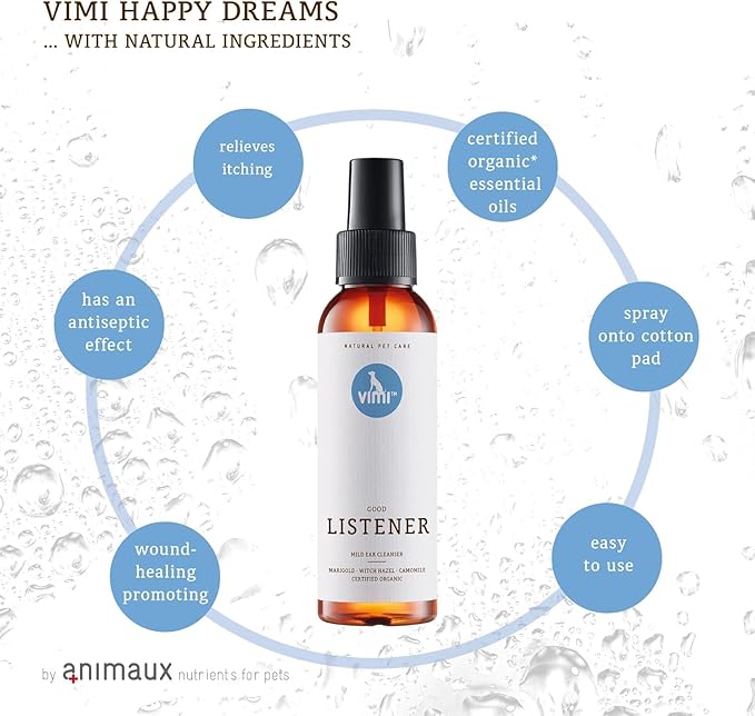 animaux vimi Ear Cleaner Good Listener - Ear Cleaner Spray for Sensitive Dog Ears - Ear Care with Camomile, Calendula & Witch Hazel - for Thorough & mild Cleaning - 3.38 Fl Oz-PawvioPets