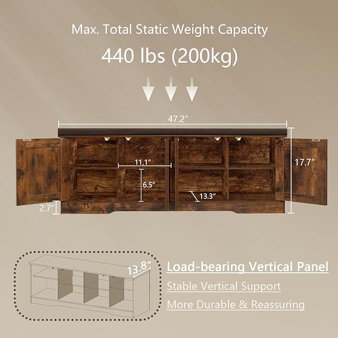DINZI LVJ Shoe Bench, Entryway Storage Bench with Doors, Cushion, 2-Tier Shoe Rack with 8-Cubby, 47.2”L x 13.8”W Shoe Organizer Cabinet, Adjustable Shelf, Living Room, Bedroom, Rustic Brown-PawvioPets