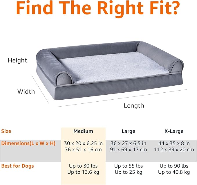 Amazon Basics Living Room Couch Dog Bed with Premium Foam, Pressure-Relief Support for Dogs up to 30lbs, Machine Washable Cover, Medium Sized (30" x 20"), Grey-PawvioPets