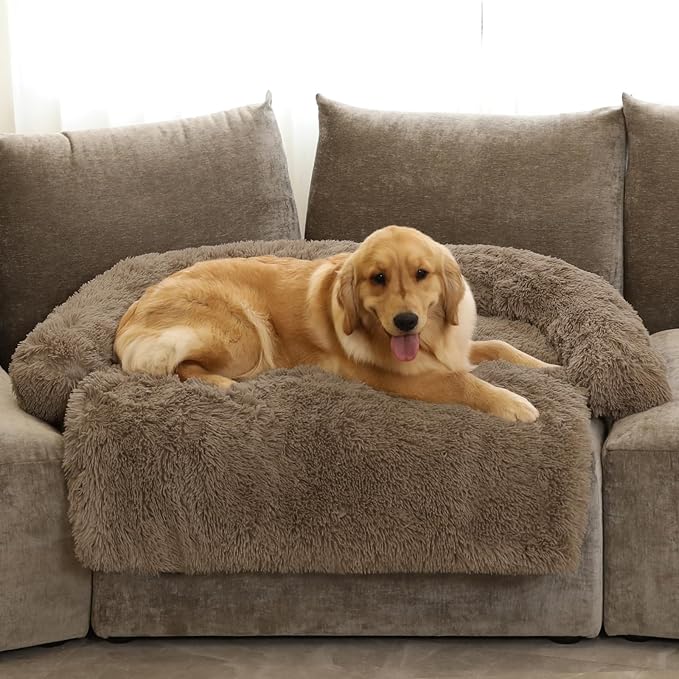 Calming Dog Bed Fluffy Plush Dog Mat for Furniture Protector with Removable Washable Cover for Large Medium Small Dogs and Cats (Extra Large (53x39.3x6), Camel)-PawvioPets