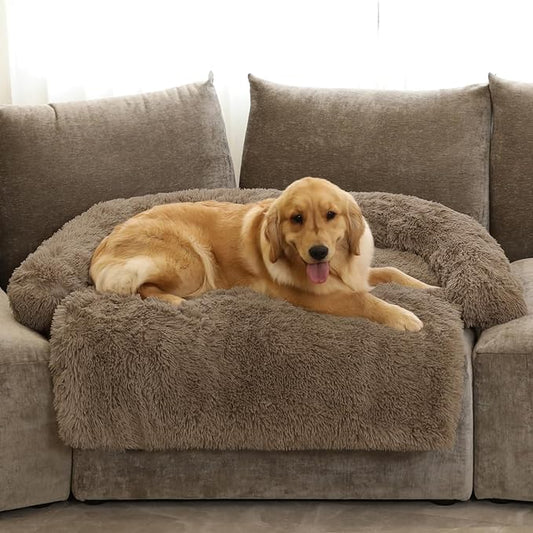Calming Dog Bed Fluffy Plush Dog Mat for Furniture Protector with Removable Washable Cover for Large Medium Small Dogs and Cats (Extra Large (53x39.3x6), Camel)-PawvioPets