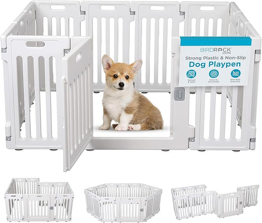 BIRDROCK HOME Pet Playpen with Door | 12 Panel | Strong Plastic | Puppy Safety Fence Pen Playpen | Non-Slip and Secure Dog Gate | White-PawvioPets