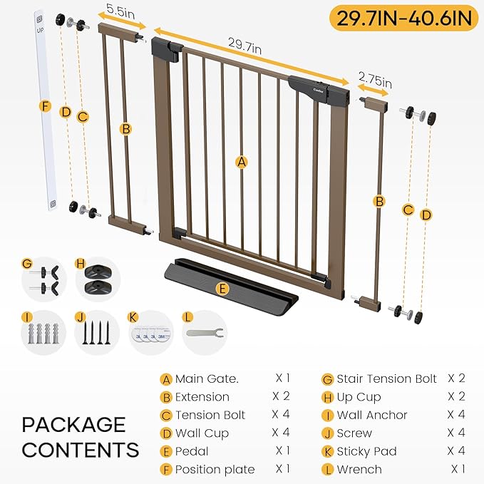 Cumbor 29.7-40.6" Baby Gate for Stairs, Mom's Choice Awards Winner-Dog Gate for Doorways, Pressure Mounted Self Closing Pet Gates for Dogs Indoor, Durable Safety Child Gate with Easy Walk Thru Door-PawvioPets