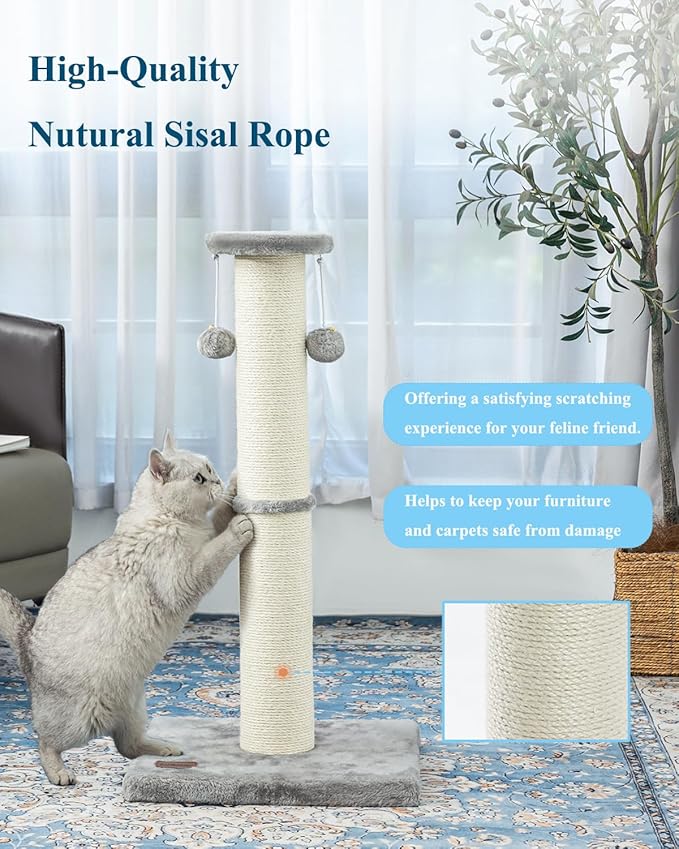 Kilodor 34Inch Tall Cat Scratching Post,4.3Inch Diameter Large Sisal Cat Scratch Post with Ball, Sturdy and Durable Cat Scratcher for Indoor Cats Adults Grey-PawvioPets