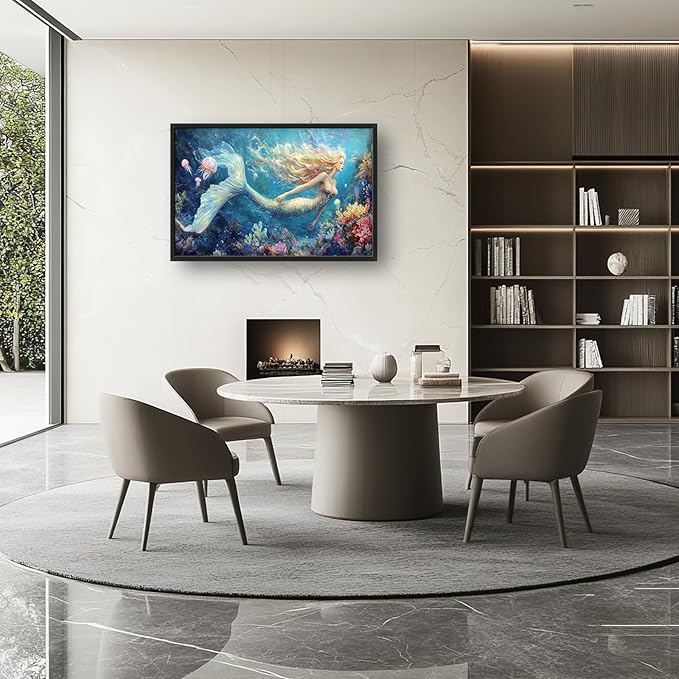 Extra Large Framed Mermaid Wall Art,Oversized Undersea Ocean Wall Decor,Colorful Coral Reefs Pictures for Living Room,Elegant Canvas Print Painting Modern Artwork Bedroom Bathroom 36L x 24W-PawvioPets