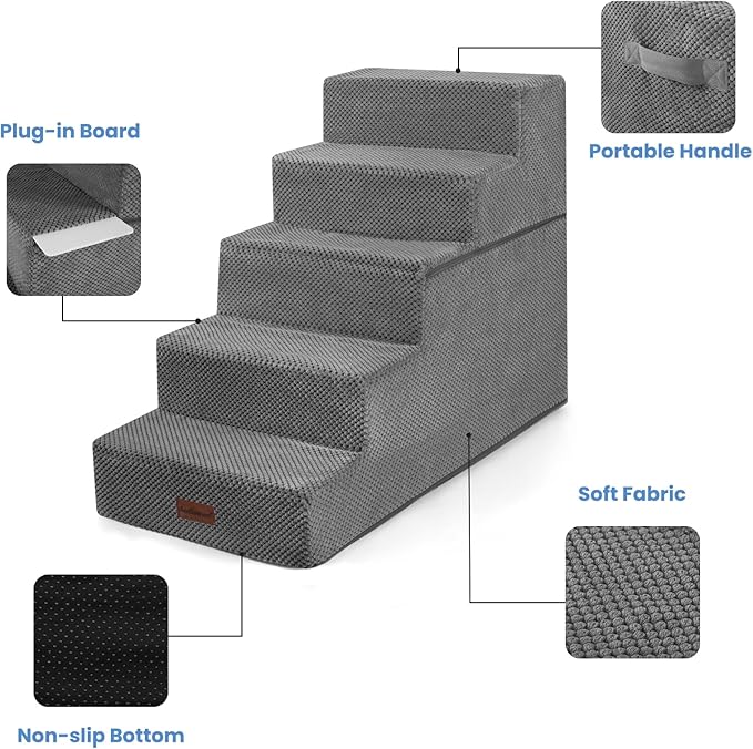 Dog Stairs for High Bed 22.6" H,5-Step Dog Steps for Small Dogs and Cats,Indoor Non-Slip Balanced Pet Stairs are Suitable for Puppy,Older Cat,Grey-PawvioPets