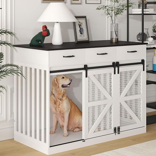 48'' Dog Crate Furniture with Divider&Storage Drawers, Wooden Double Dog Kennel Furniture End Table with Sliding Barn Doors, White Double Dog Crate TV Stand-PawvioPets