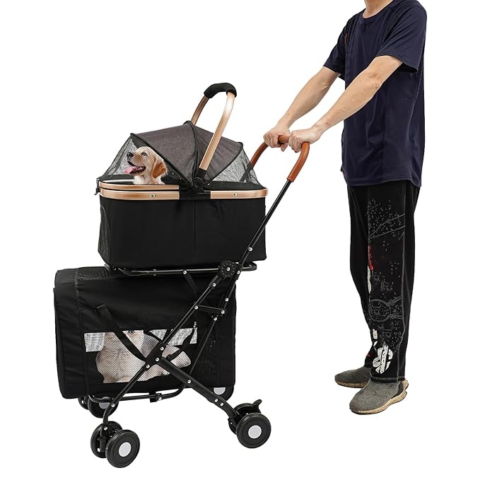 Double Pet Stroller for Dogs and Cats, Foldable Dog Stroller Travel Carriage with Detachable Carriers, Safety Belts, and 4 Lockable Wheels for Small to Medium Pets (Black)-PawvioPets