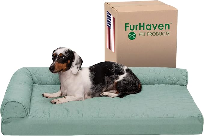 Furhaven Cooling Gel Dog Bed for Medium/Small Dogs w/ Removable Bolsters & Washable Cover, For Dogs Up to 35 lbs - Pinsonic Quilted Paw L Shaped Chaise - Iceberg Green, Medium-PawvioPets