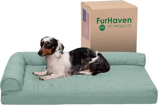 Furhaven Cooling Gel Dog Bed for Medium/Small Dogs w/ Removable Bolsters & Washable Cover, For Dogs Up to 35 lbs - Pinsonic Quilted Paw L Shaped Chaise - Iceberg Green, Medium-PawvioPets