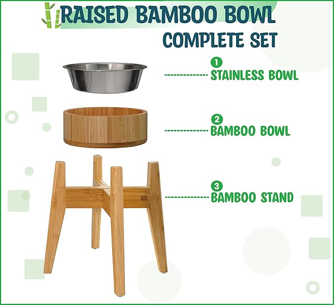 Dog Bowls Elevated, 12-inch High, 5-Cup Cap - Set of Bamboo Holder, Stainless Inner Dish and Stand - Ideal for Medium to Large Breeds - All-Detachable Parts-PawvioPets