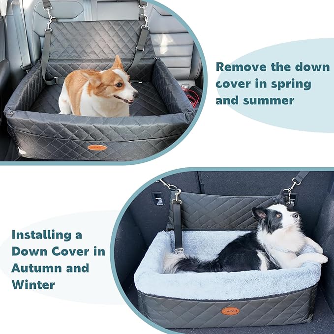 Dog Car Seat for Large/Medium Pet, Anti Slip Bottom Dogs Booster Seat for All Seasons,Pet Travel Bed with Thick Dog Sofa Cushion, Storage Pockets 2 Safety Leashes-PawvioPets