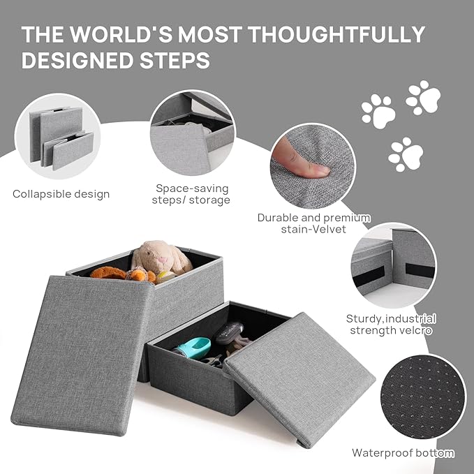 Foldable Dog Stairs/Steps 2-Tier Pet Steps Storage and Adjustable Steps for Small Medium Dogs Pet Steps Storage Stepper for High Beds Sofa Pet Dog Cat (2 Step-Light Grey)-PawvioPets