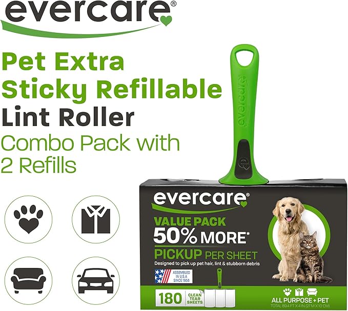 Evercare All Purpose Pet Hair Lint Roller with 2 Refills, 180 Total Sheets – Reusable Sticky Roller for Pet Hair, Cat & Dog Hair Remover, Lint Remover, Pet Hair Remover for Furniture, Clothing & Cars-PawvioPets