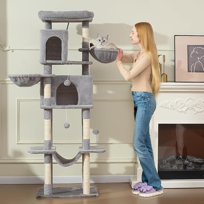 70-Inch Cat Tree,Large Cat Tree Tower with Hammock, Scratching Post, Condo and Multi-Level Cat Tower for Large Cats, Cat Activity Center Playhouse, Light Gray LCT016-PawvioPets