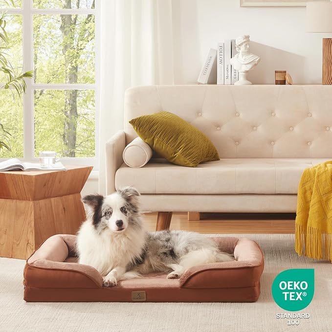 Bedfolks Orthopedic Dog Bed, Big Waterproof Dog Sofa Bed for Large Dogs, Egg Foam Pet Couch Bed with Removable Washable Cover and Nonslip Bottom, Brown-PawvioPets