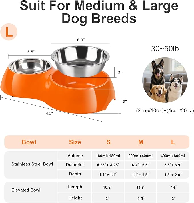 Elevated Dog Bowls Set - Non-Slip Raised Pet Feeder with Medium (10 oz) & Large (20 oz) Stainless Steel Bowls - Includes Durable Resin Stand for Puppies, Adult Dogs & Cats - Orange-PawvioPets