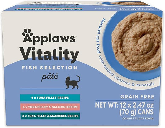 Applaws Vitality Wet Cat Food Paté, Natural Canned Cat Food, Wet Food for Cats with Added Vitamins and Minerals, Grain Free, Carrageenan Free, Fish Variety Selection Paté (12 Count, 2.47 oz Cans)-PawvioPets