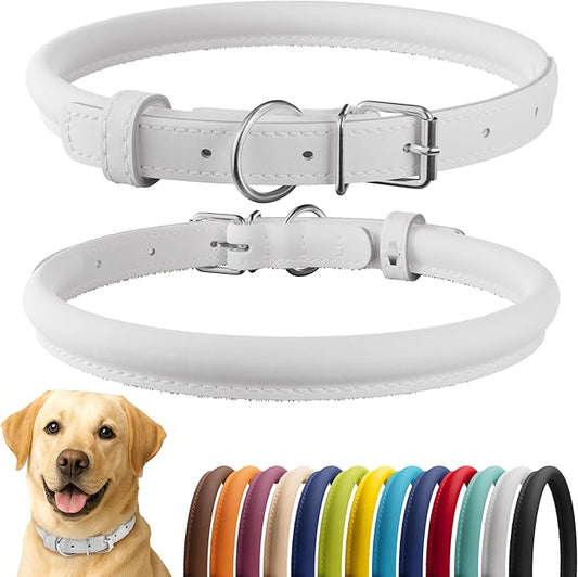 CollarDirect Rolled Leather Dog Collar, Soft Padded Round Puppy Collar, Handmade Genuine Leather Collar Dog Small Large Cat Collars 13 Colors (18-22 Inch, White Smooth)-PawvioPets