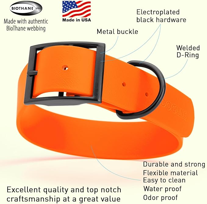 Dogline Biothane Waterproof Dog Collar Strong Coated Nylon Webbing with Black Hardware Odor- Proof for Easy Care Easy to Clean High Performance Fits Small Medium or Large Dogs, Hunter Orange-PawvioPets