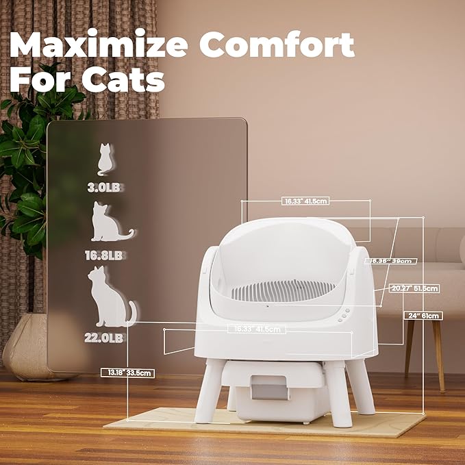 Automatic Litter Box, Open-Top Self Cleaing Litter Box with Safety Sensors and 10 L Waste Container, Suitable for Multiple Cats, White-PawvioPets