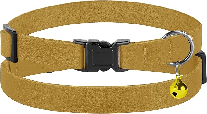Breakaway Cat Collar Leather with Removable Bell - 13 Colors Available - Soft Adjustable Girl Boy Safety Lightweight Pet Kitten Collars Pink Brown Blue Green Red Orange Black (Mustard)-PawvioPets