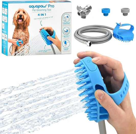 Aquapaw Dog Bath Brush Pro & Dog Shower Attachment - Large Silicone Rubber - Sprayer & Scrubber in One with 8ft Hose Attachment & Shower Wand for Bathing - Pet Bath Supplies-PawvioPets