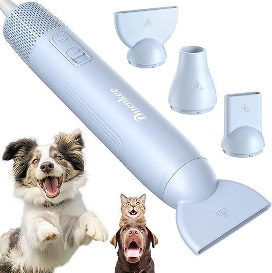 Dog Blow Dryer for Pet Grooming Handheld Lightweight Dog Cat Hair Dryer 3 Speeds 4 Temp, Portable 3HP High Velocity Pet Blower Quiet Dryer for Travel Campaign Home, with 3 Nozzles, Blue-PawvioPets